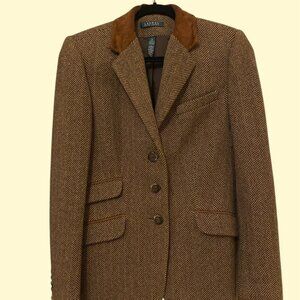 Lauren Ralph Lauren Herringbone Wool Blazer with Suede Collar – Size 10